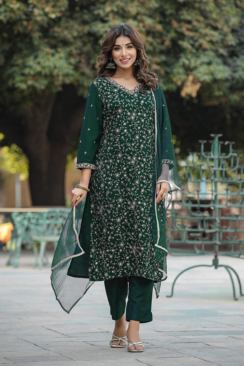 Green Silk Blend Embroidered Kurta Pant With Dupatta | SHOBITAM