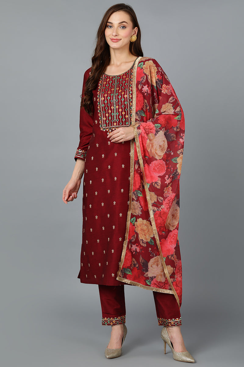 Maroon Silk Blend Embroidered Kurta Pant With Dupatta | SHOBITAM