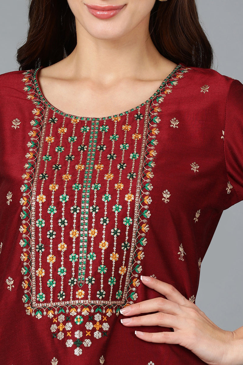 Maroon Silk Blend Embroidered Kurta Pant With Dupatta | SHOBITAM