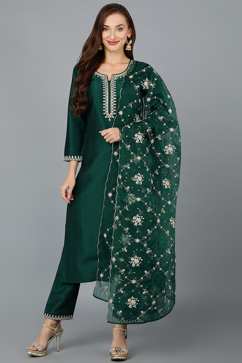 Green Silk Blend Straight Kurta Pant With Dupatta | SHOBITAM
