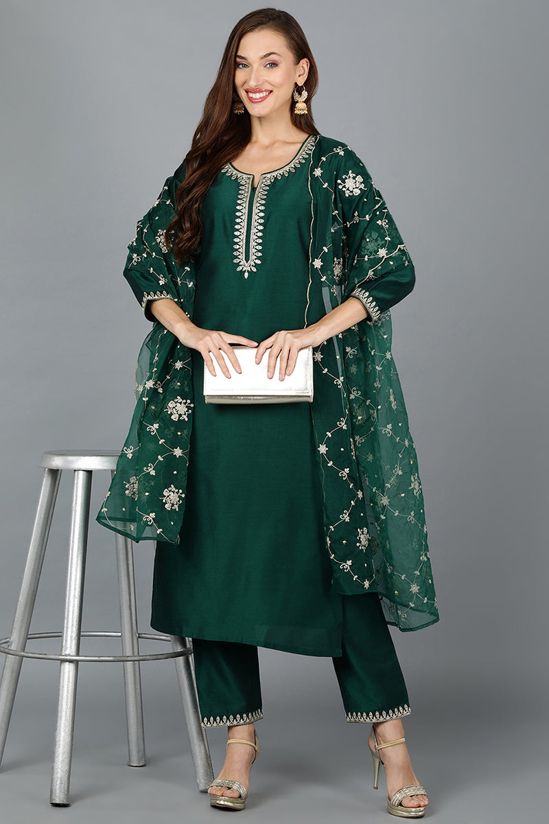 Green Silk Blend Straight Kurta Pant With Dupatta | SHOBITAM