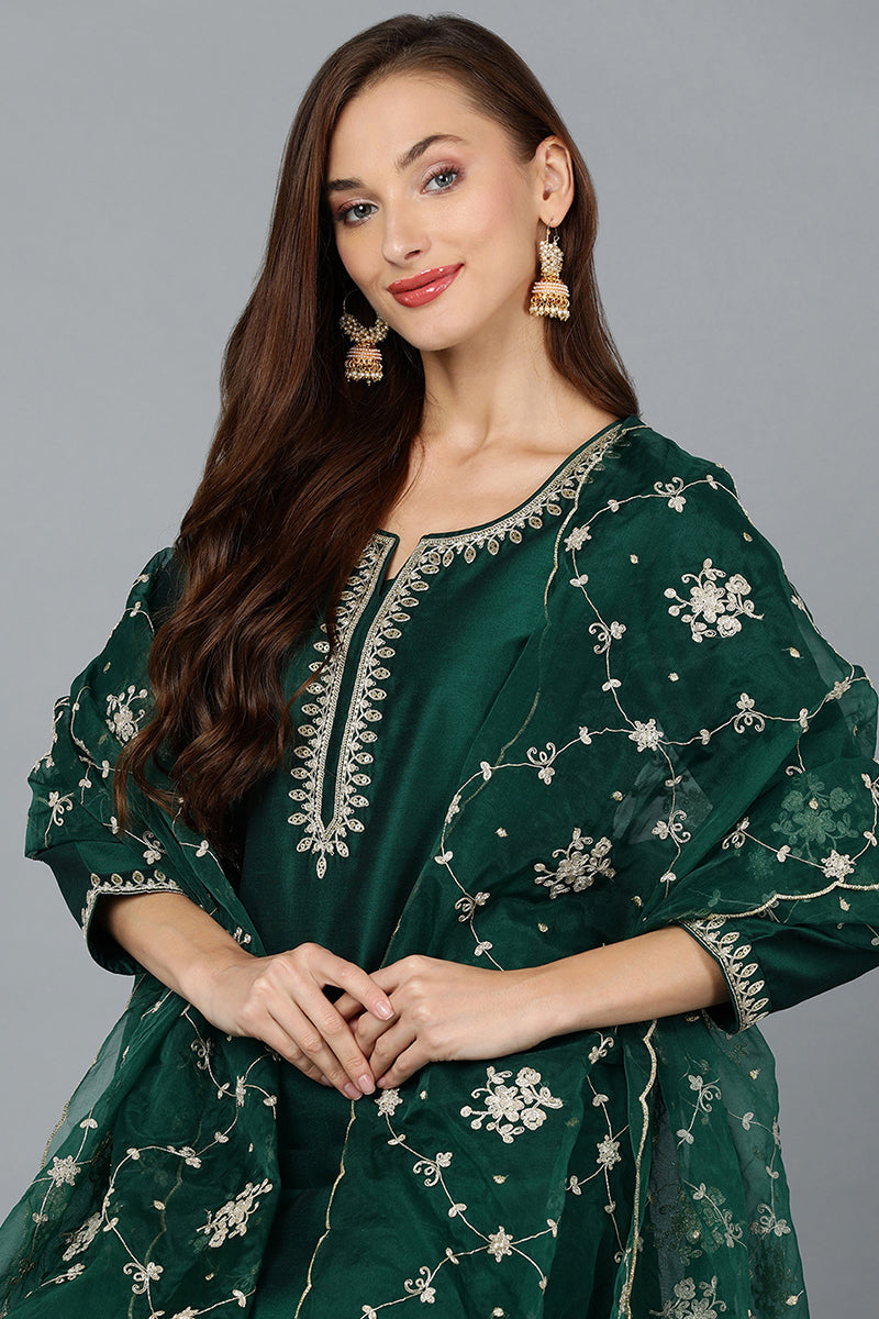 Green Silk Blend Straight Kurta Pant With Dupatta | SHOBITAM