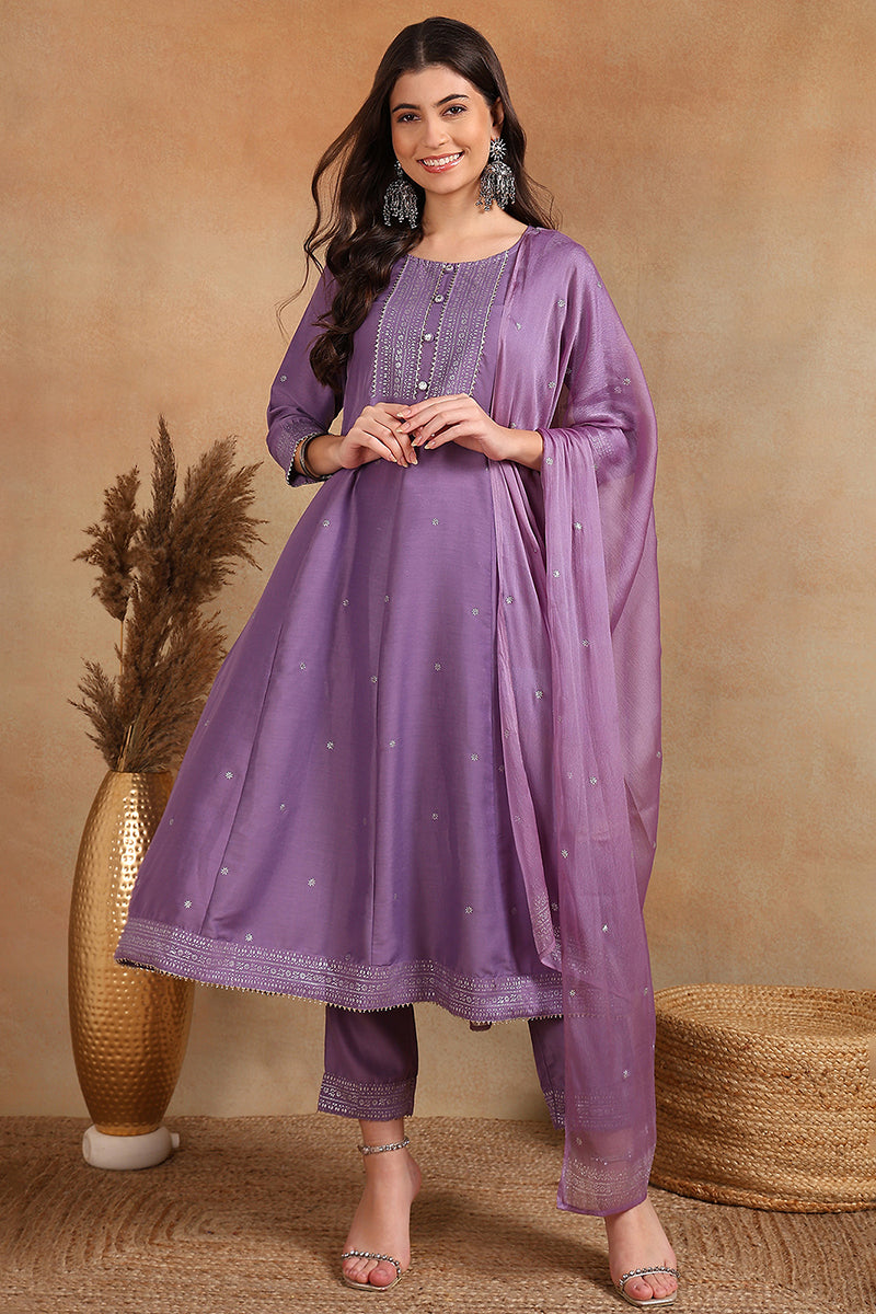 Lavender Silk Blend Anarkali Woven Design Kurta Pant With Dupatta | SHOBITAM