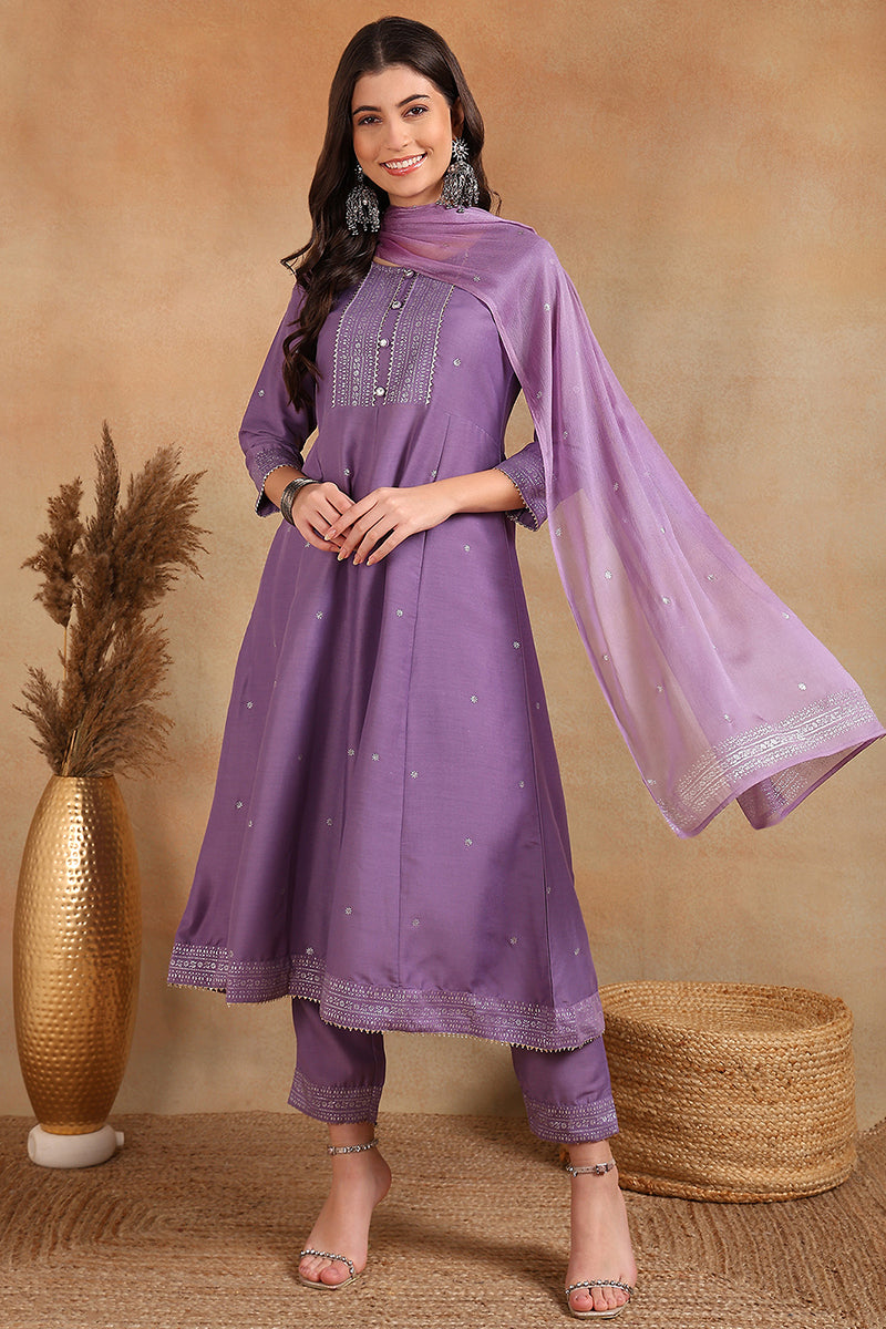 Lavender Silk Blend Anarkali Woven Design Kurta Pant With Dupatta | SHOBITAM