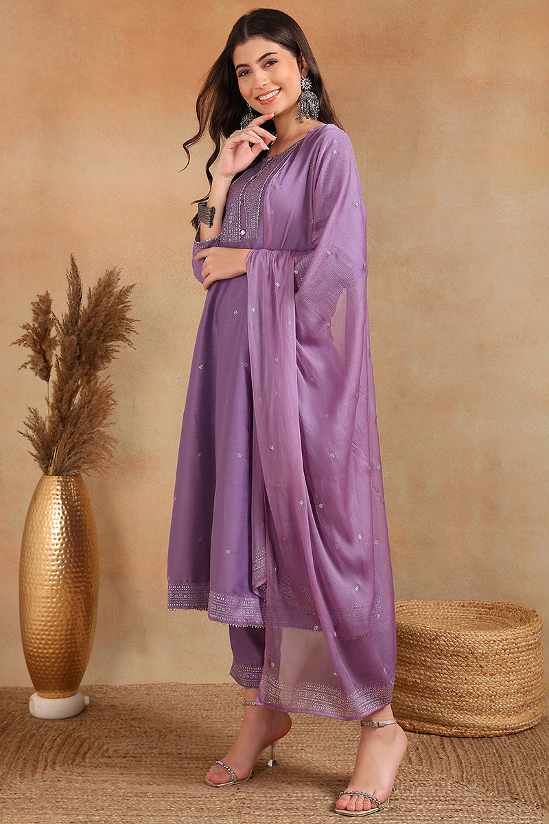 Lavender Silk Blend Anarkali Woven Design Kurta Pant With Dupatta | SHOBITAM