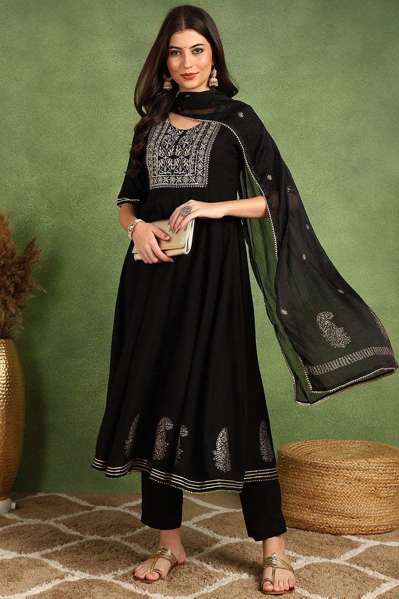 Black Silk Blend Anarkali Yoke Design Kurta Pant With Dupatta | SHOBITAM