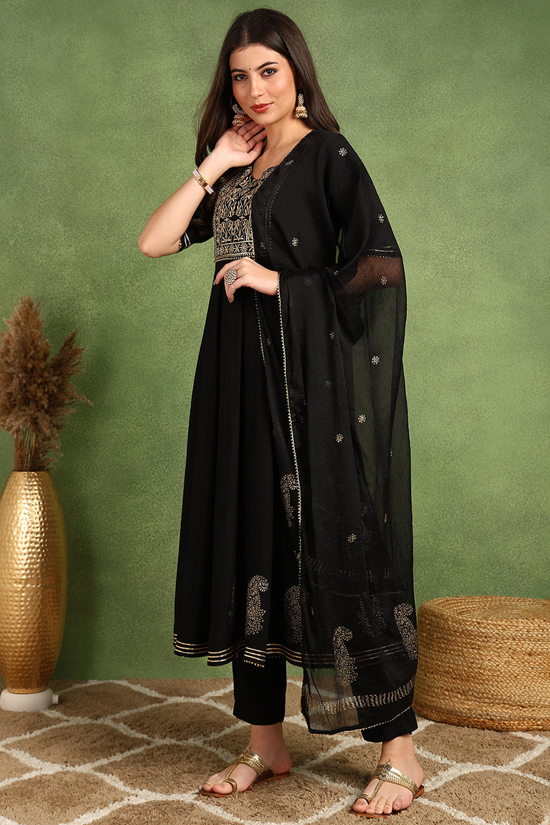 Black Silk Blend Anarkali Yoke Design Kurta Pant With Dupatta | SHOBITAM