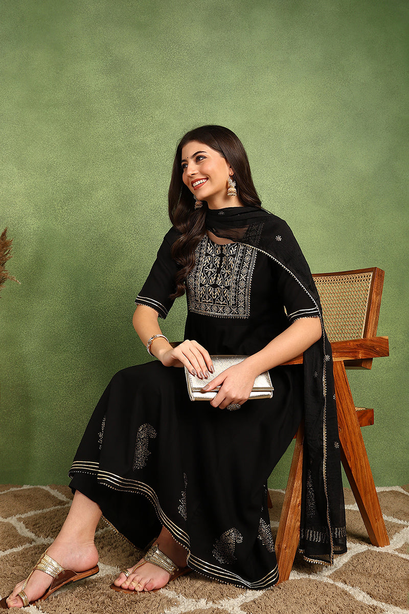 Black Silk Blend Anarkali Yoke Design Kurta Pant With Dupatta | SHOBITAM