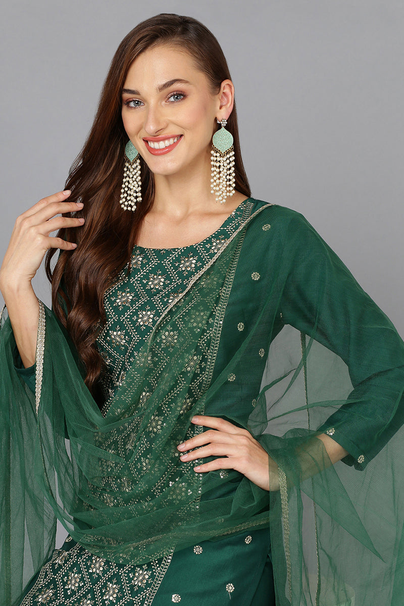 Dark Green Silk Blend Embroidered Party wear Suit Set | SHOBITAM