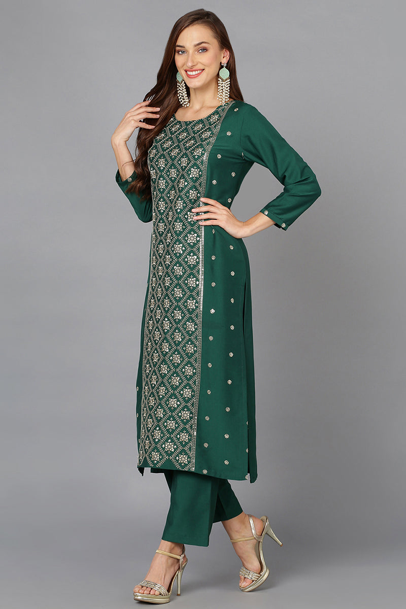 Dark Green Silk Blend Embroidered Party wear Suit Set | SHOBITAM