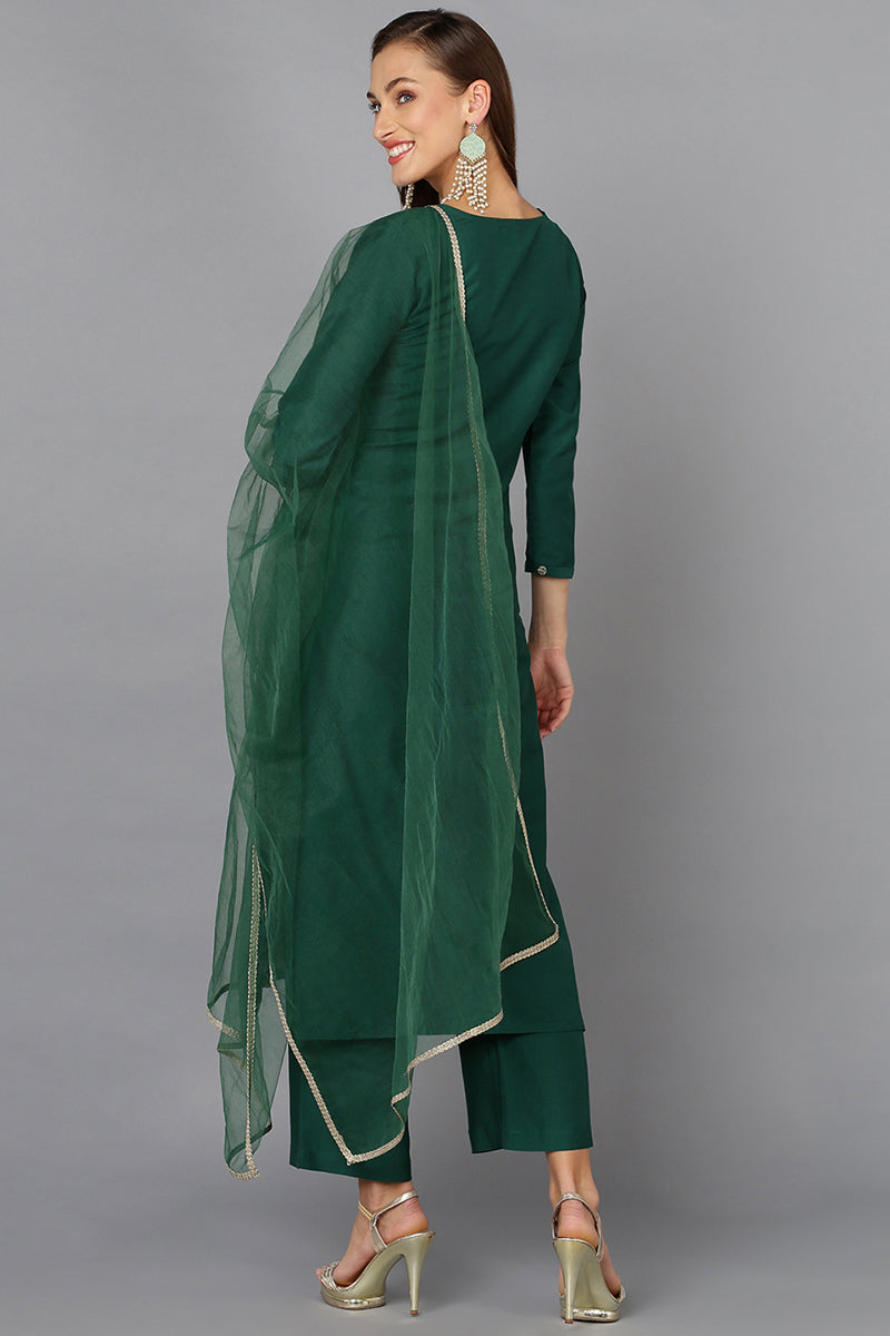 Dark Green Silk Blend Embroidered Party wear Suit Set | SHOBITAM
