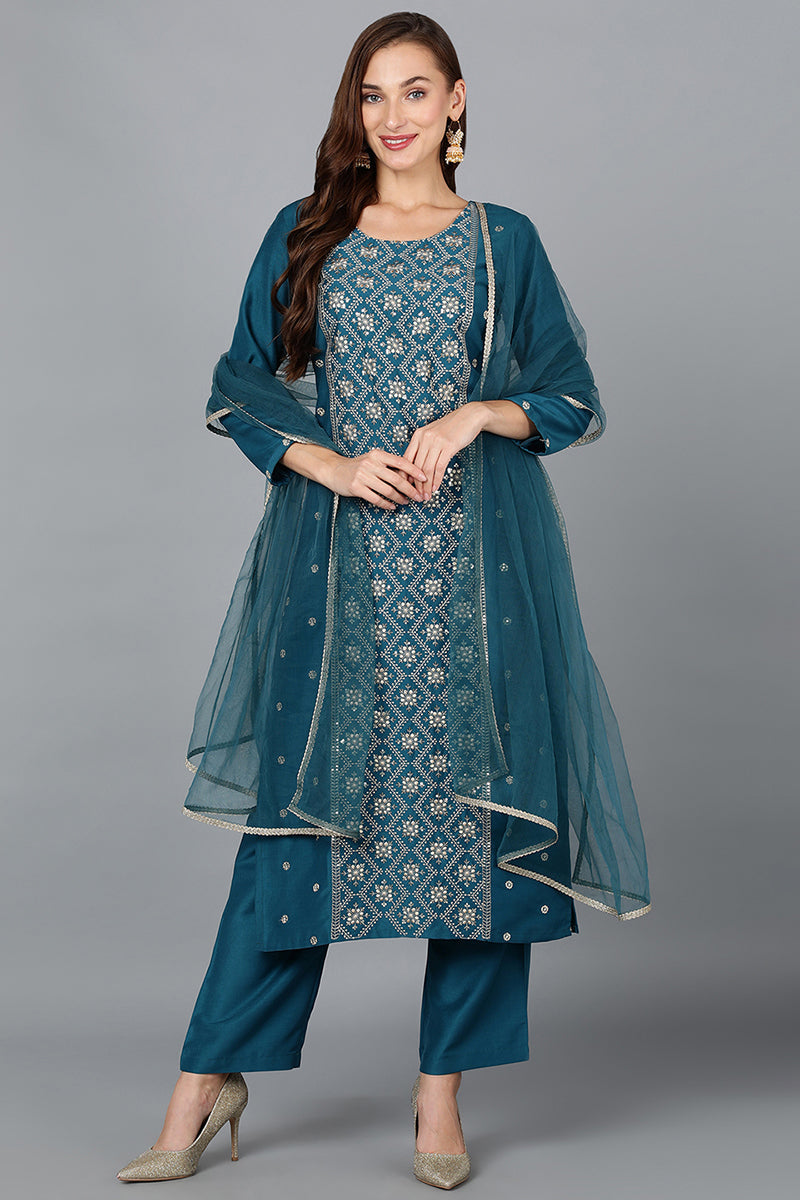 Silk Blend Teal Blue Festive wear Suit Set | SHOBITAM