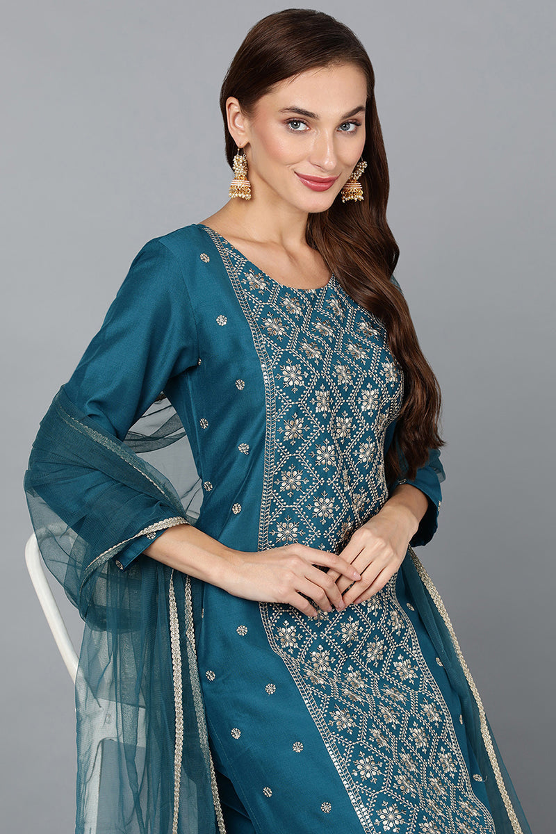 Silk Blend Teal Blue Festive wear Suit Set | SHOBITAM