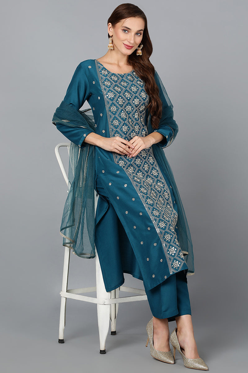 Silk Blend Teal Blue Festive wear Suit Set | SHOBITAM