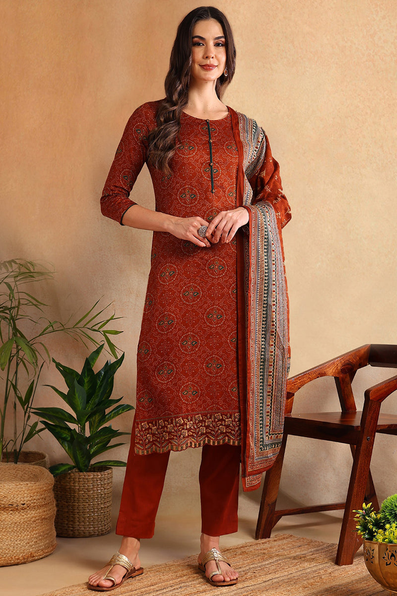 Burnt Orange Silk Blend Straight Suit Set | SHOBITAM