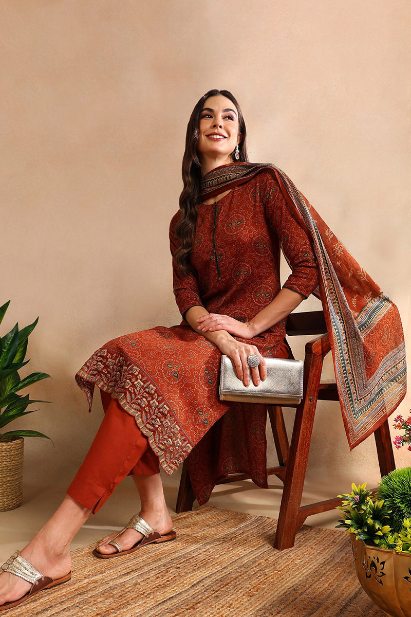 Burnt Orange Silk Blend Straight Suit Set | SHOBITAM