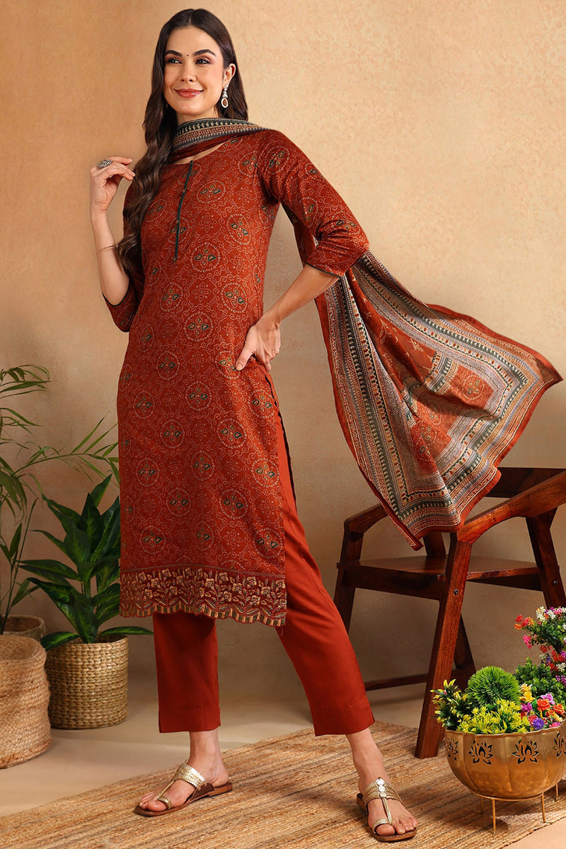 Burnt Orange Silk Blend Straight Suit Set | SHOBITAM