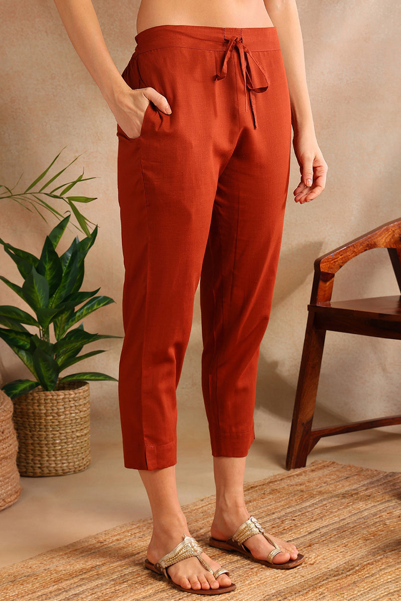 Burnt Orange Silk Blend Straight Suit Set | SHOBITAM