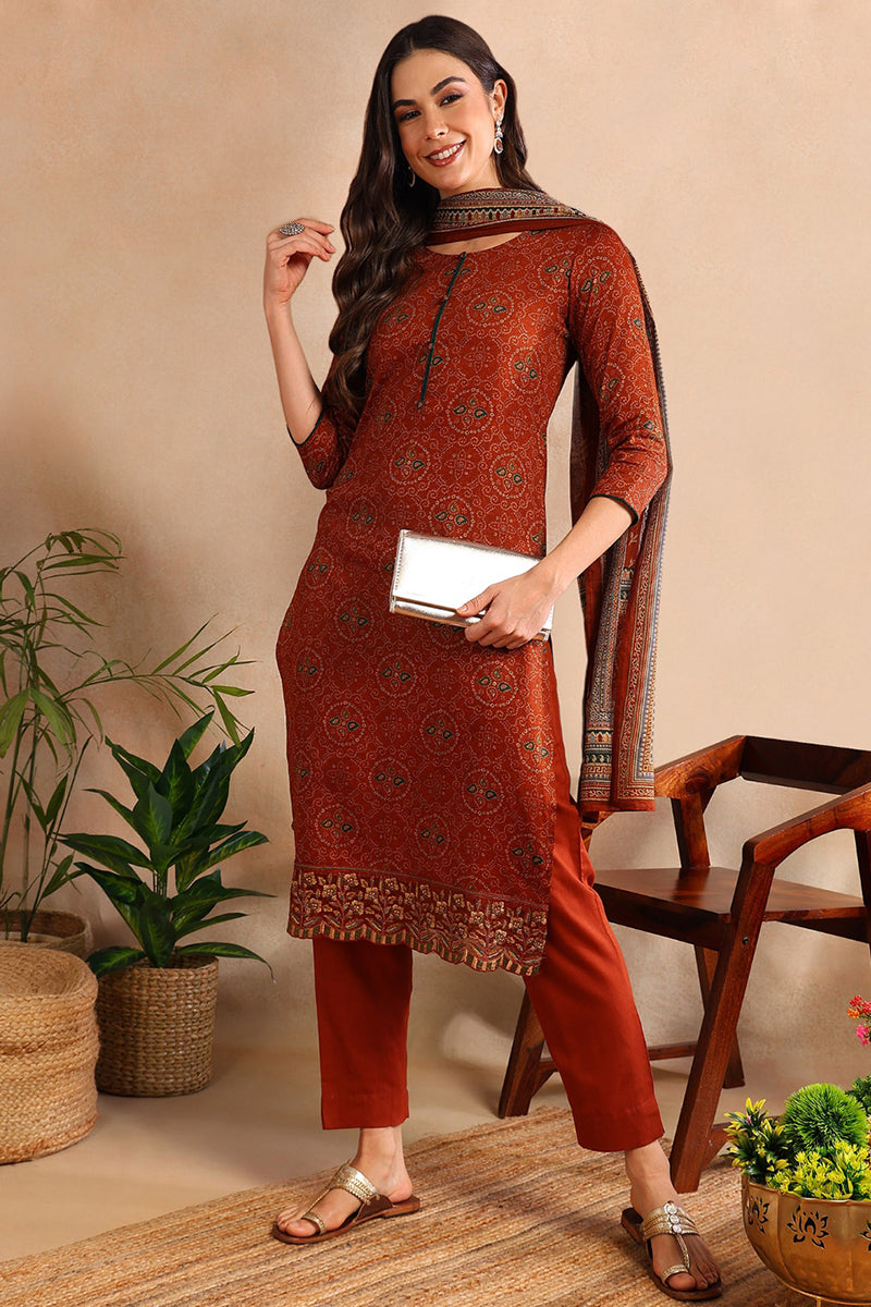 Burnt Orange Silk Blend Straight Suit Set | SHOBITAM