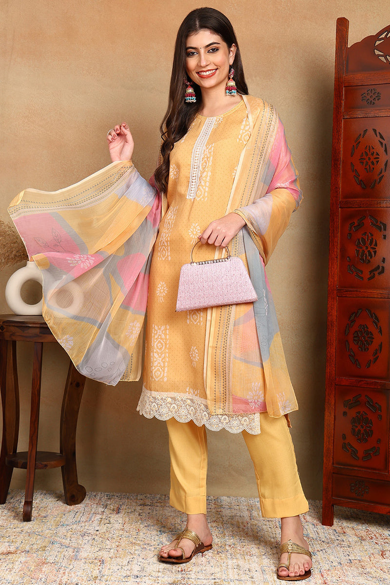 Yellow Silk Blend Straight Suit Set | SHOBITAM