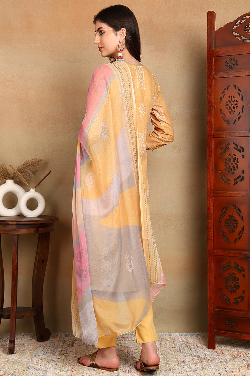 Yellow Silk Blend Straight Suit Set | SHOBITAM