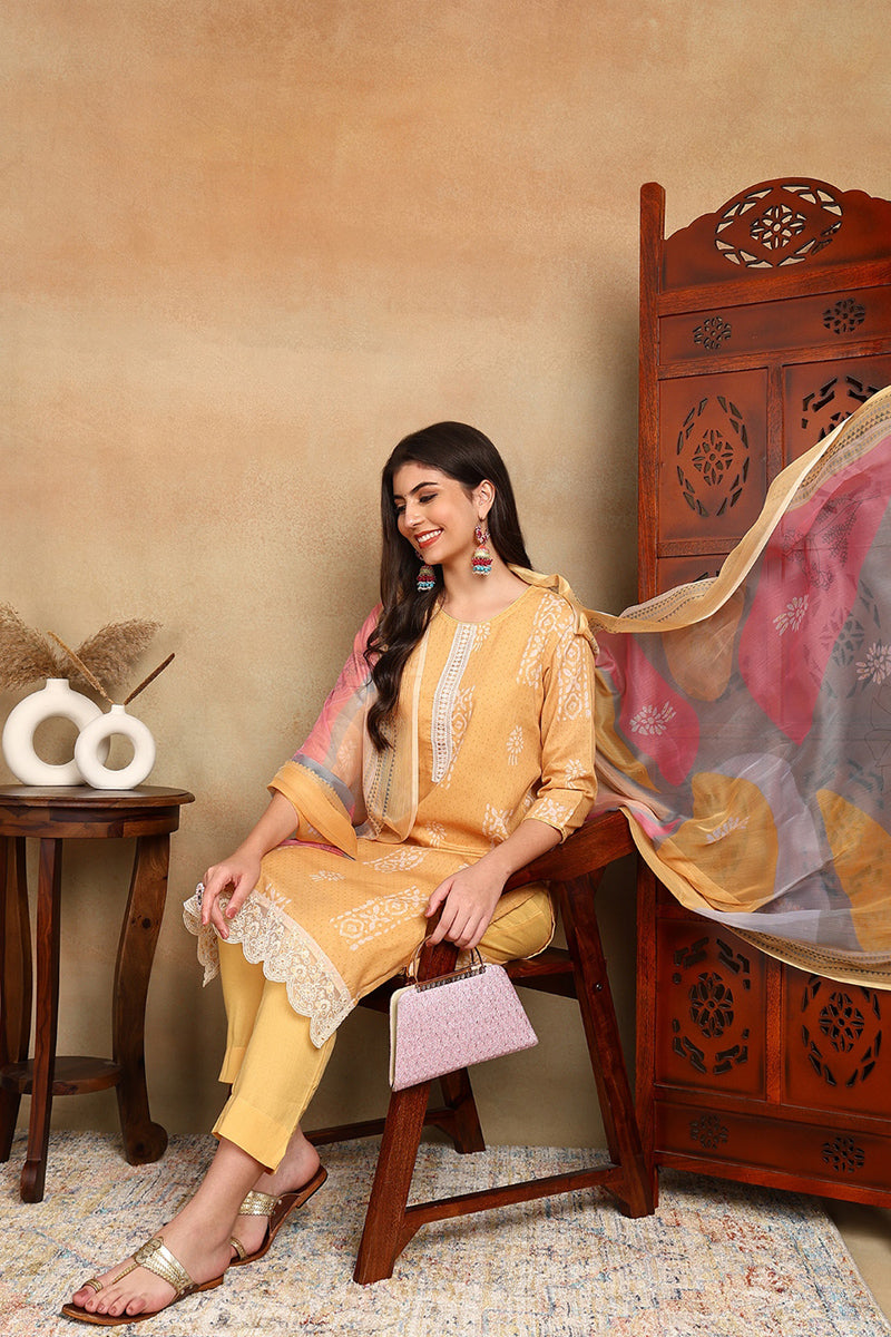 Yellow Silk Blend Straight Suit Set | SHOBITAM