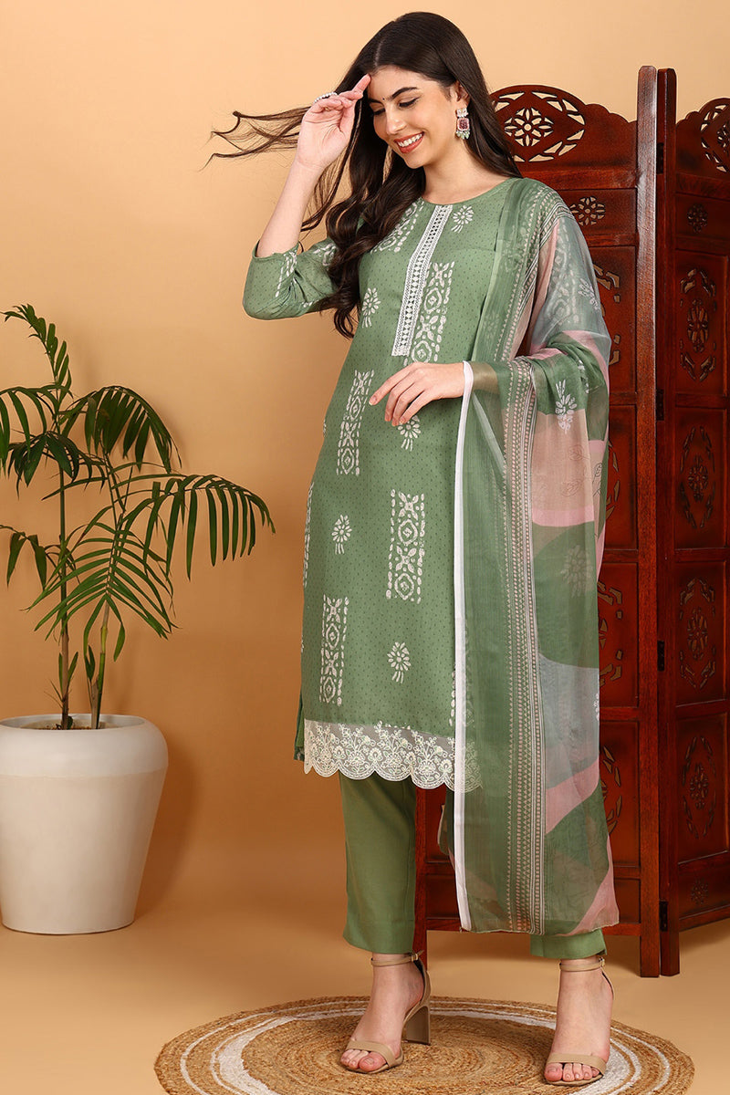 Sea Green Silk Blend Straight Suit Set | SHOBITAM