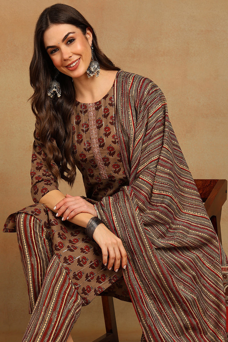 Cotton Beige Printed Straight Kurta Pant With Dupatta | SHOBITAM