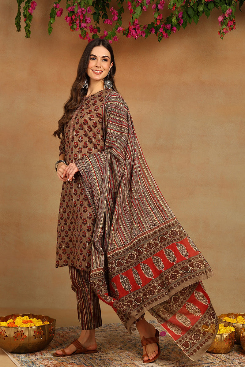 Cotton Beige Printed Straight Kurta Pant With Dupatta | SHOBITAM