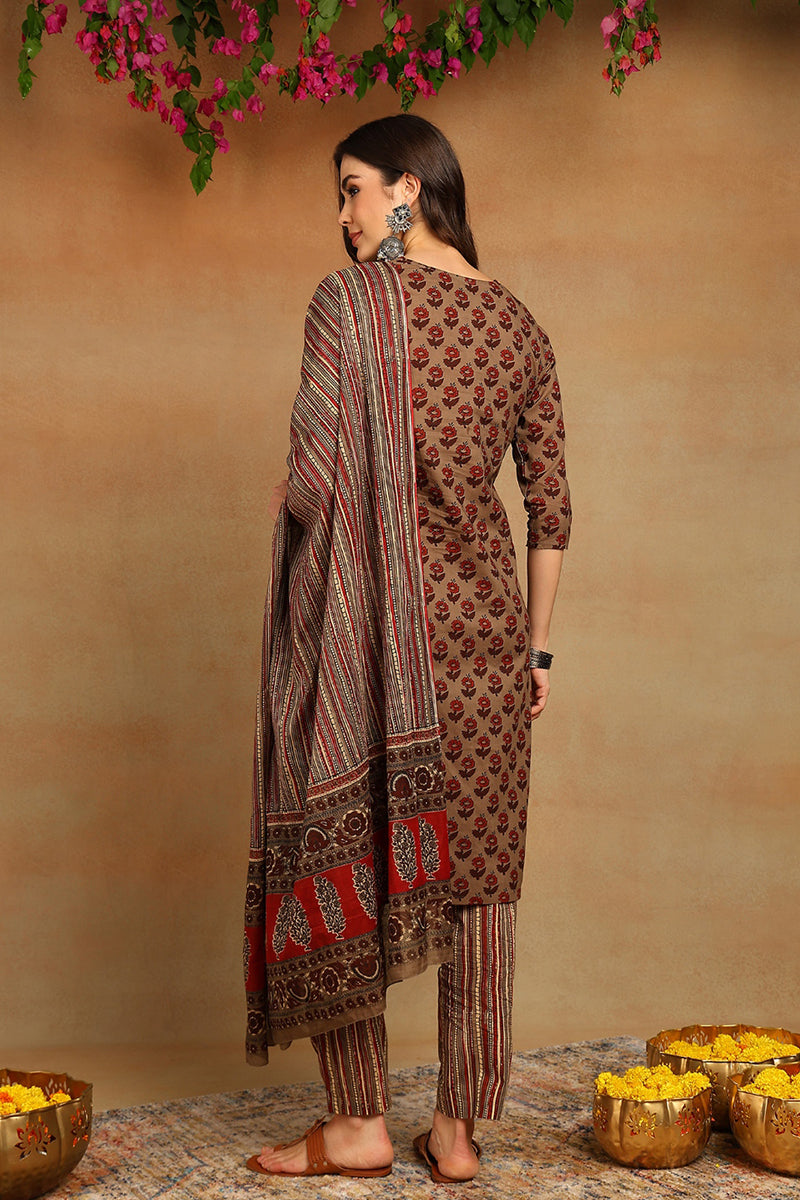 Cotton Beige Printed Straight Kurta Pant With Dupatta | SHOBITAM