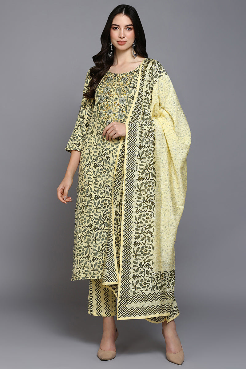 Yellow Silk Blend Floral Straight Suit Set | SHOBITAM