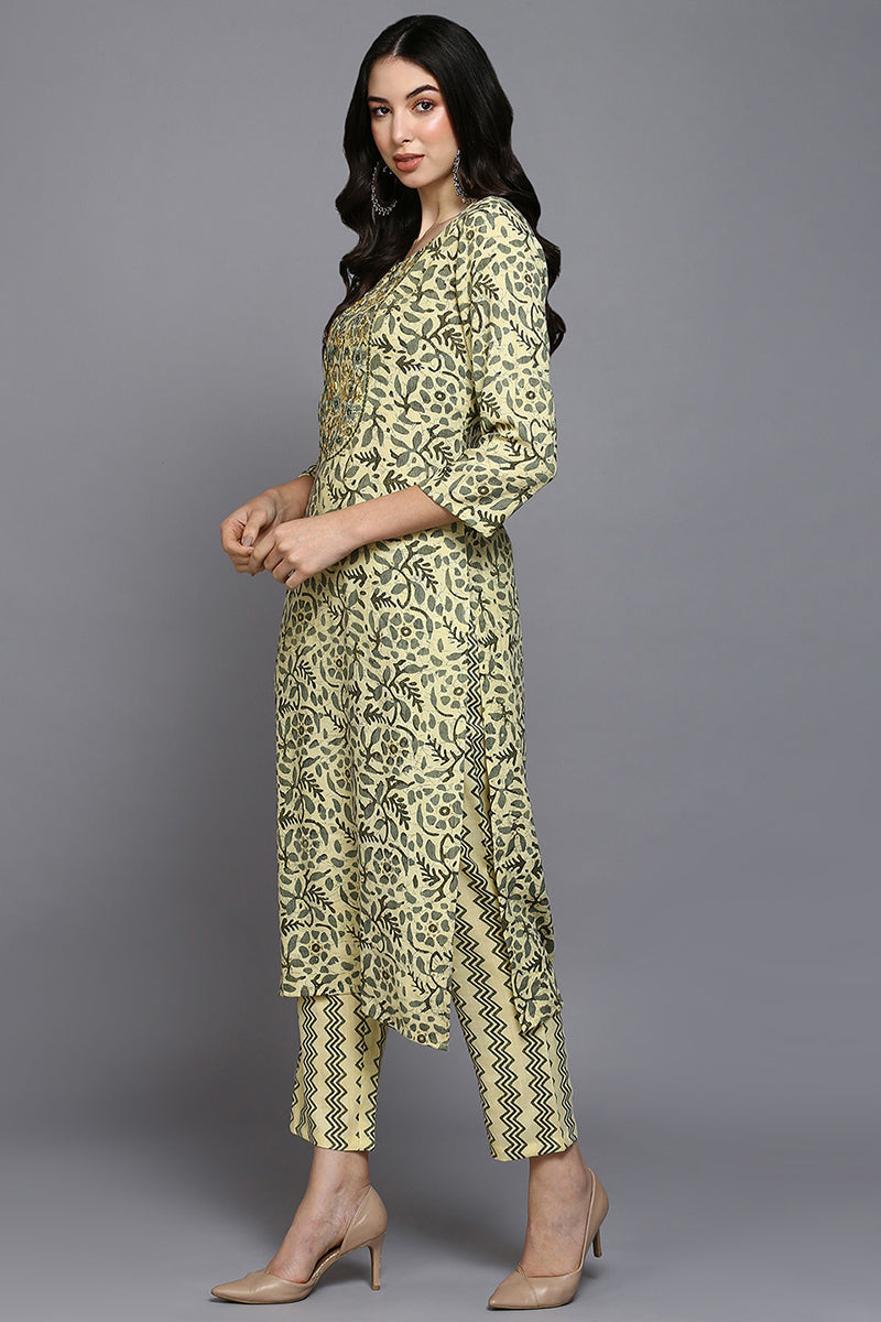 Yellow Silk Blend Floral Straight Suit Set | SHOBITAM