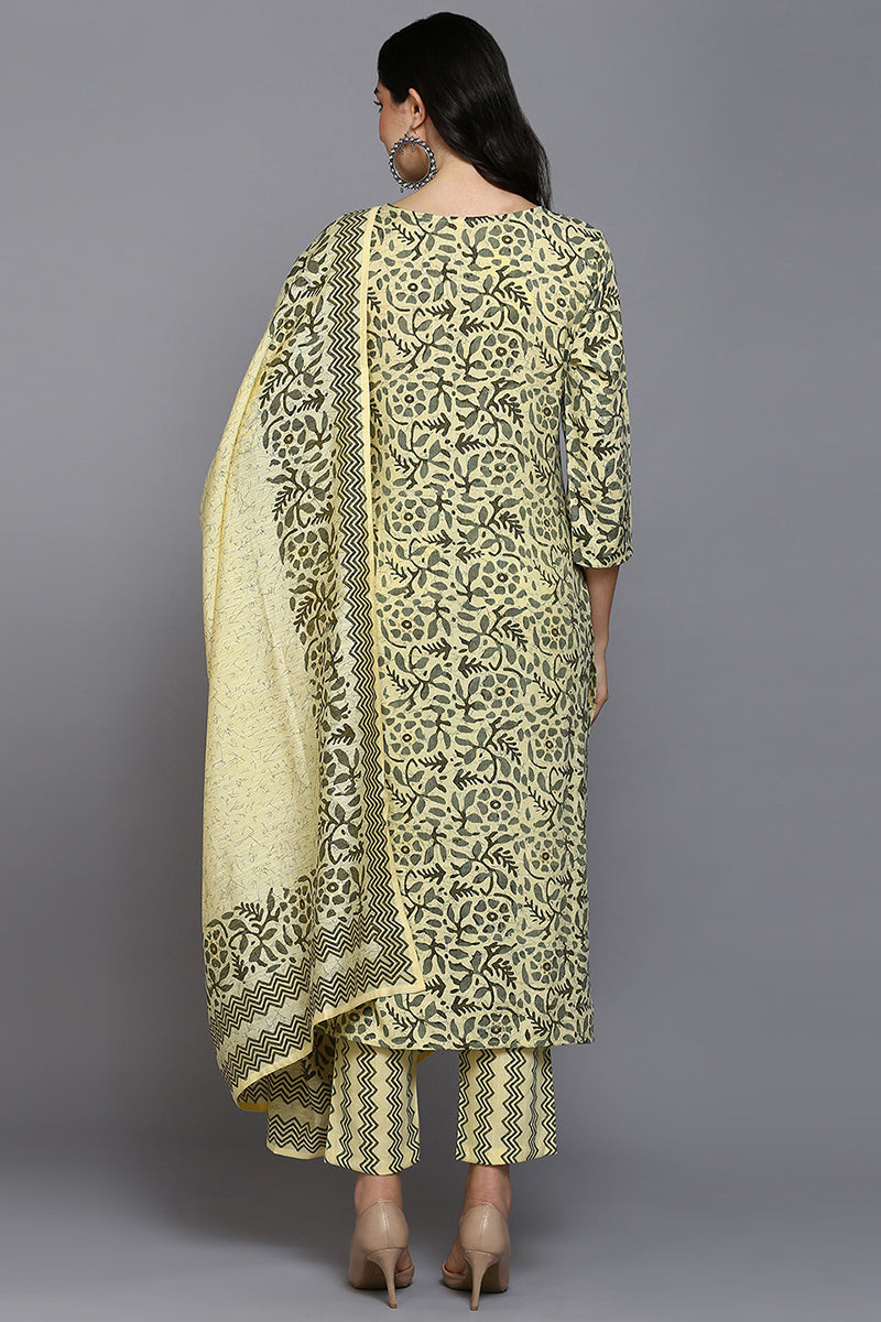 Yellow Silk Blend Floral Straight Suit Set | SHOBITAM