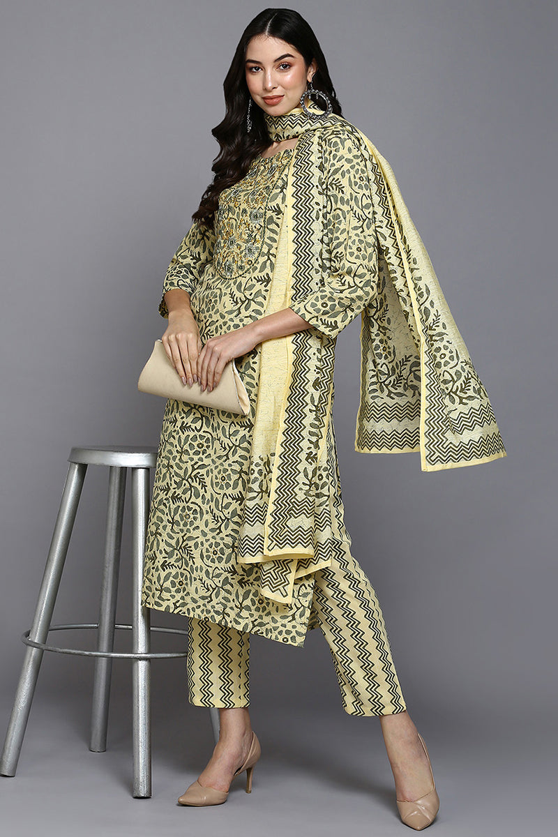 Yellow Silk Blend Floral Straight Suit Set | SHOBITAM