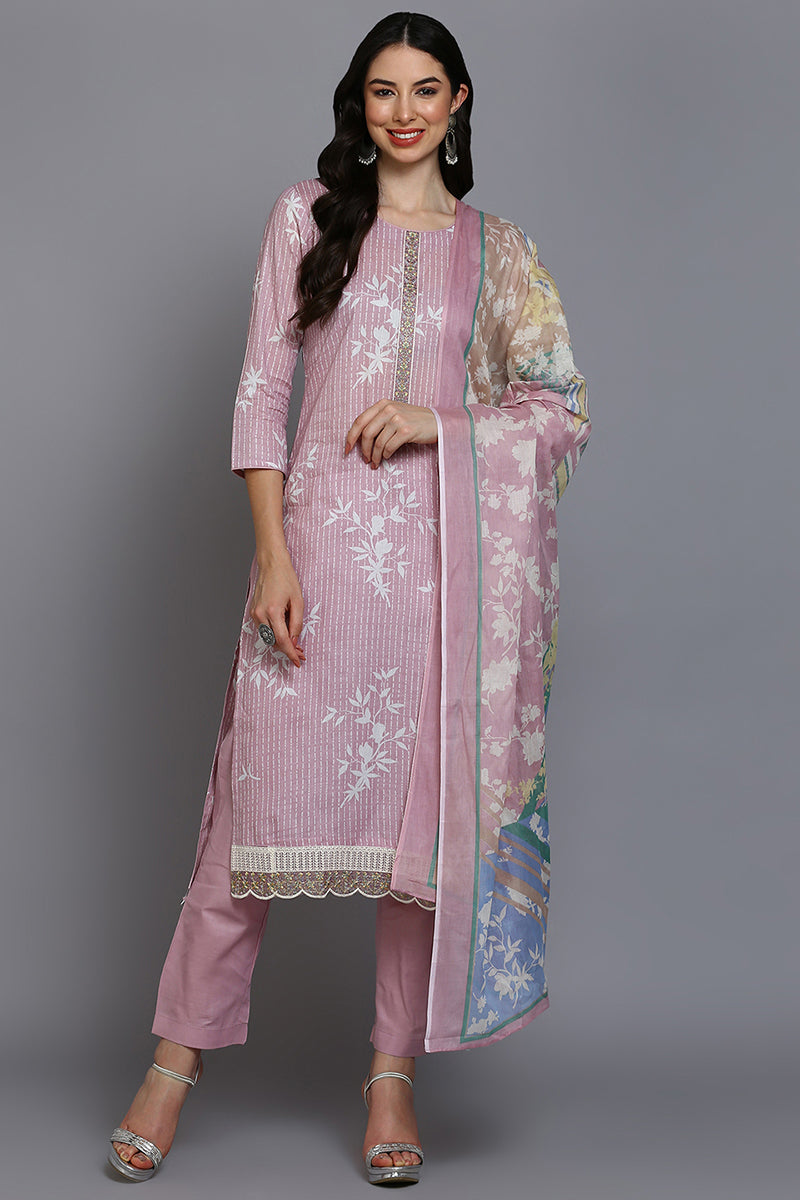 Pink Cotton Ethnic Motifs Straight Suit Set | SHOBITAM