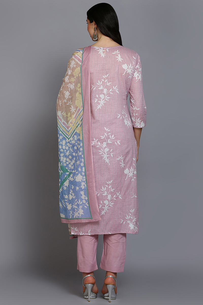 Pink Cotton Ethnic Motifs Straight Suit Set | SHOBITAM