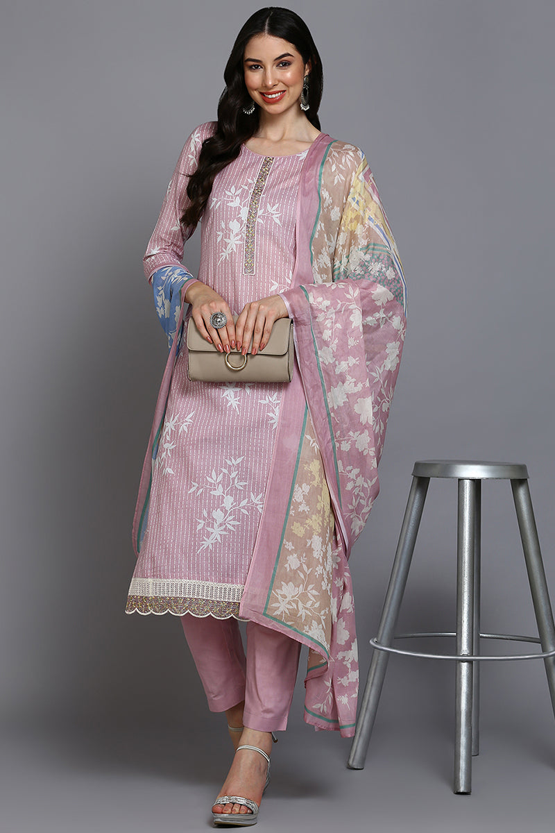 Pink Cotton Ethnic Motifs Straight Suit Set | SHOBITAM