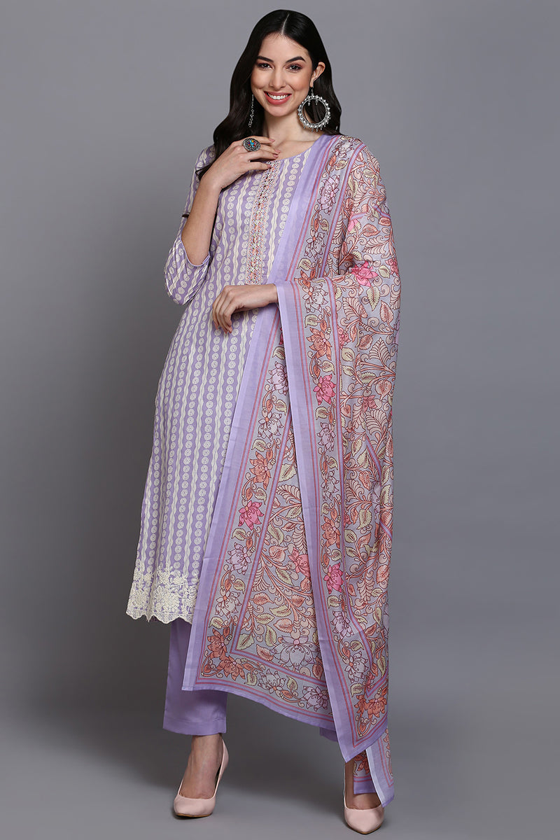 Rayon Lavender Printed Straight Kurta Pant With Dupatta | SHOBITAM