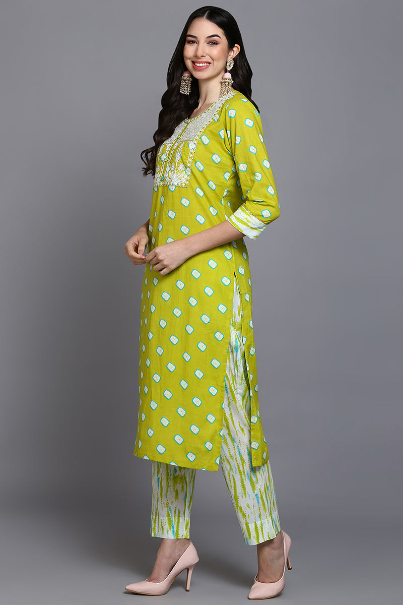 Cotton Green Bandhani Printed Straight Kurta Pant With Dupatta | SHOBITAM