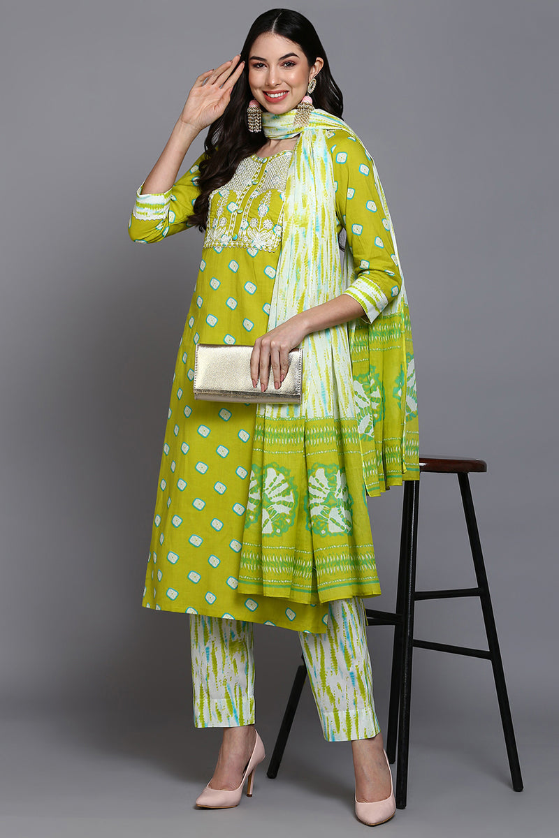 Cotton Green Bandhani Printed Straight Kurta Pant With Dupatta | SHOBITAM