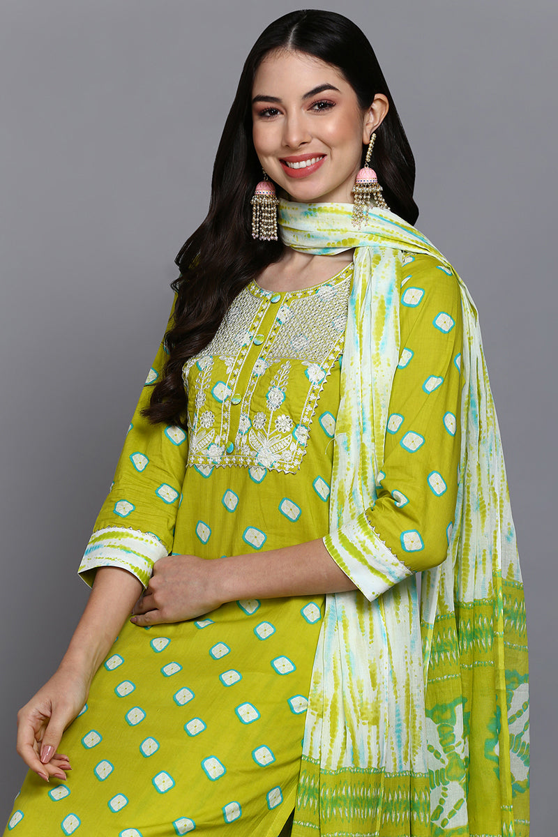 Cotton Green Bandhani Printed Straight Kurta Pant With Dupatta | SHOBITAM
