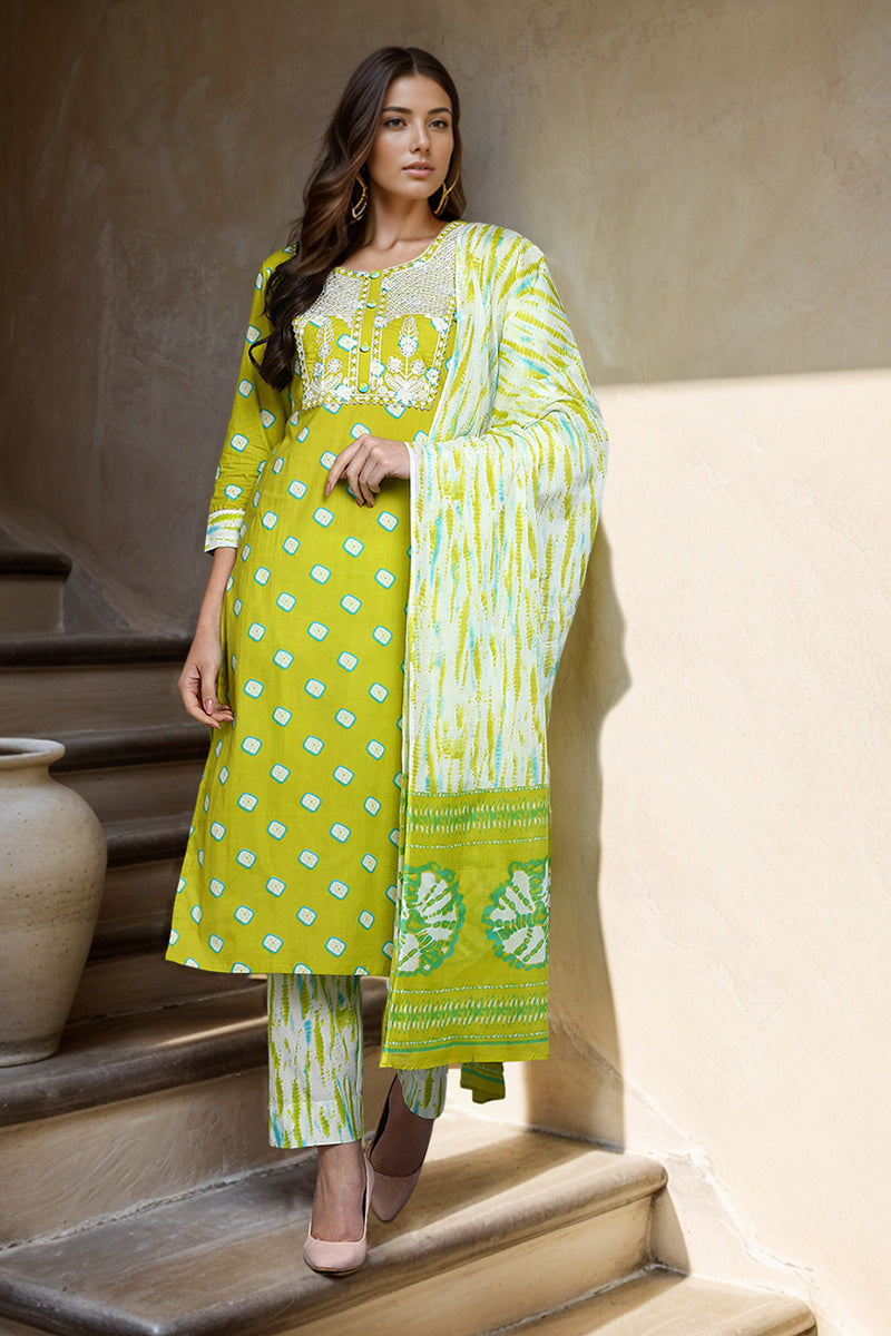 Cotton Green Bandhani Printed Straight Kurta Pant With Dupatta | SHOBITAM