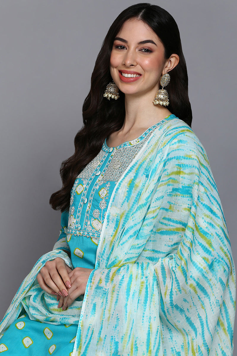 Cotton Blue Bandhani Printed Straight Kurta Pant With Dupatta | SHOBITAM