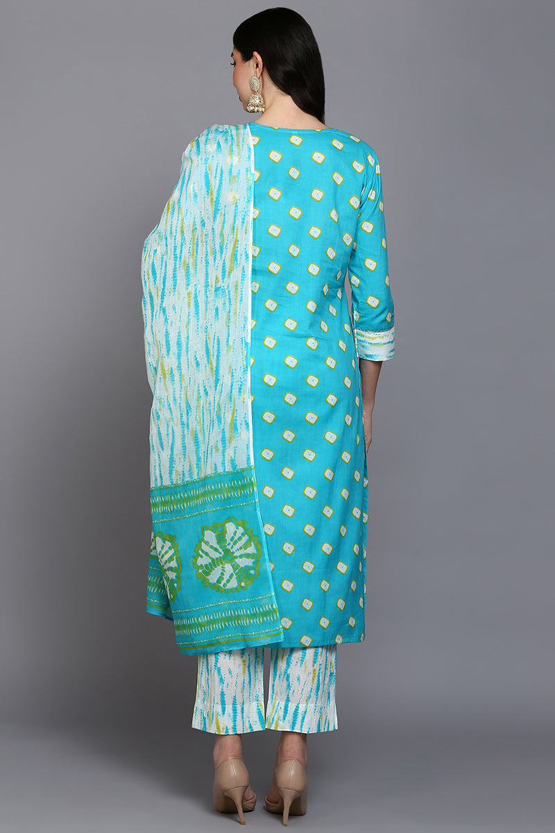 Cotton Blue Bandhani Printed Straight Kurta Pant With Dupatta | SHOBITAM