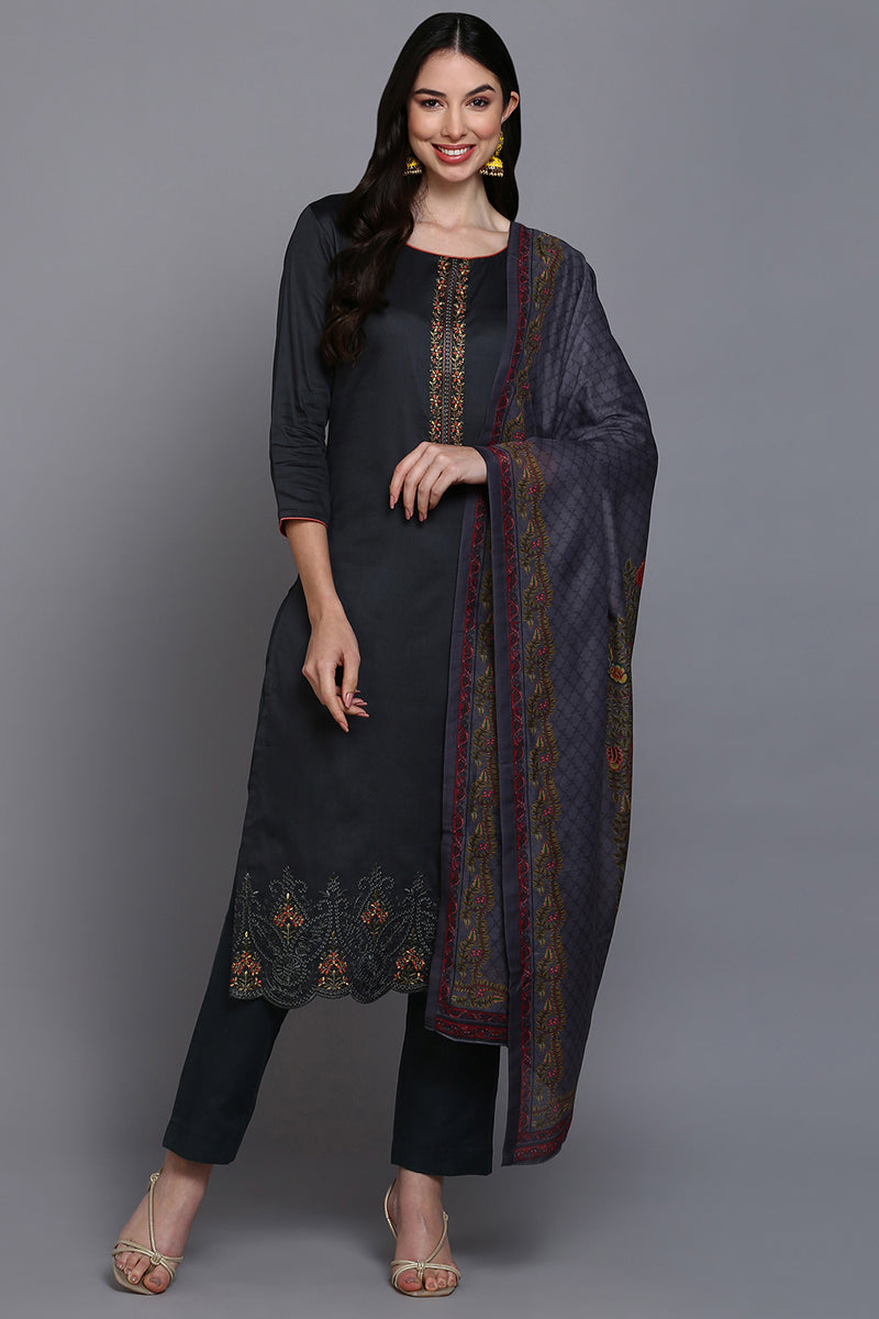 Silk Blend Grey Embroidered Straight Kurta Pant With Dupatta | SHOBITAM