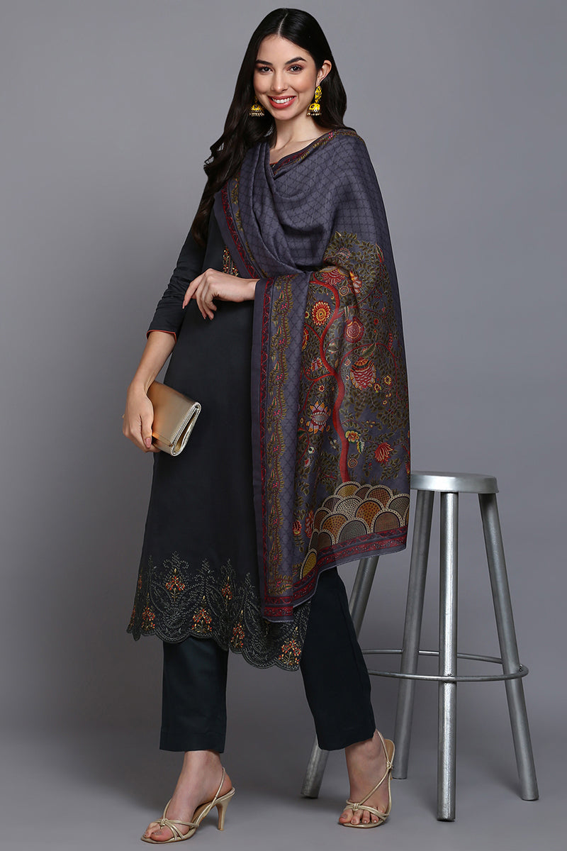 Silk Blend Grey Embroidered Straight Kurta Pant With Dupatta | SHOBITAM