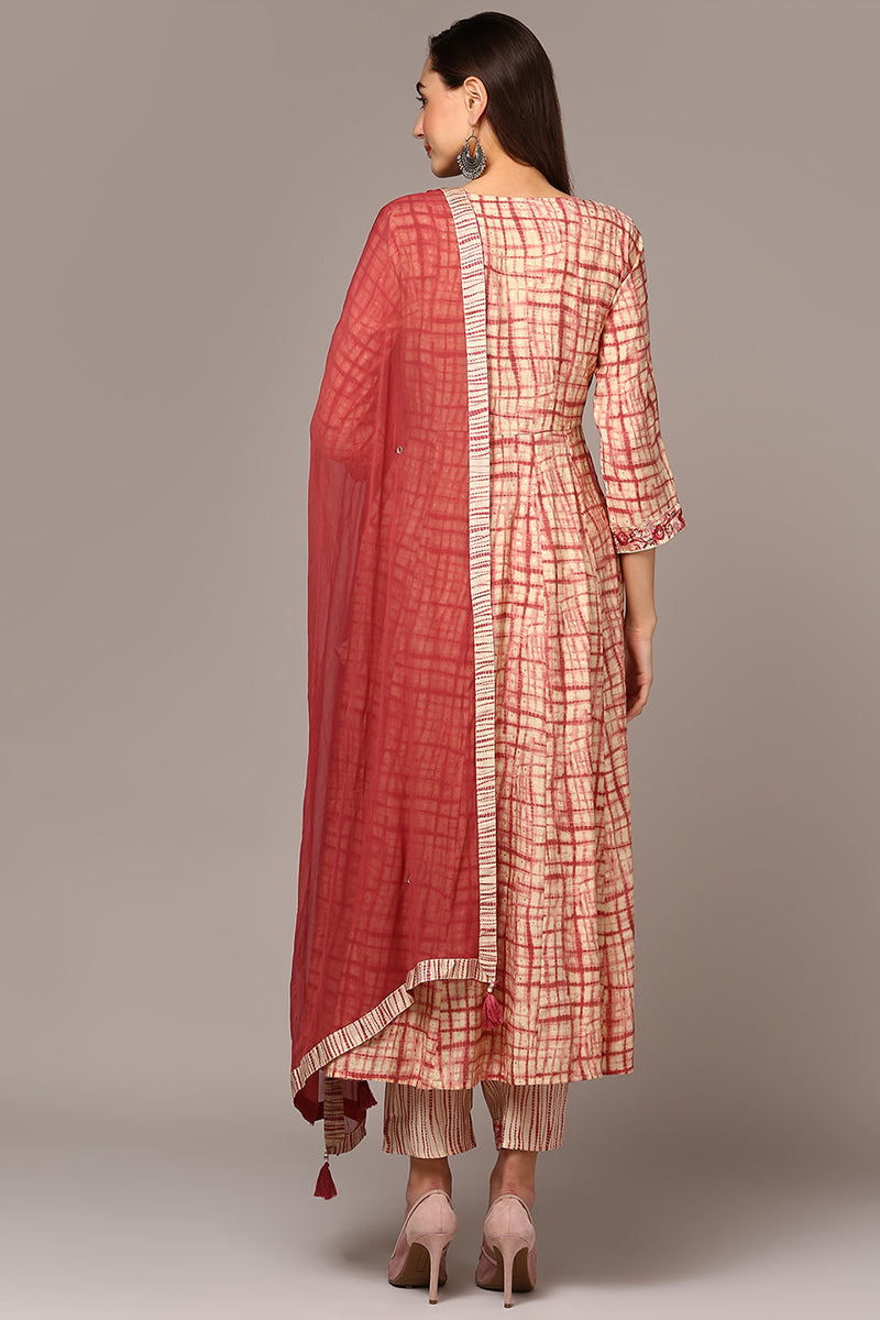 Red Silk Blend Abstract Printed Flared Suit Set | shobitam