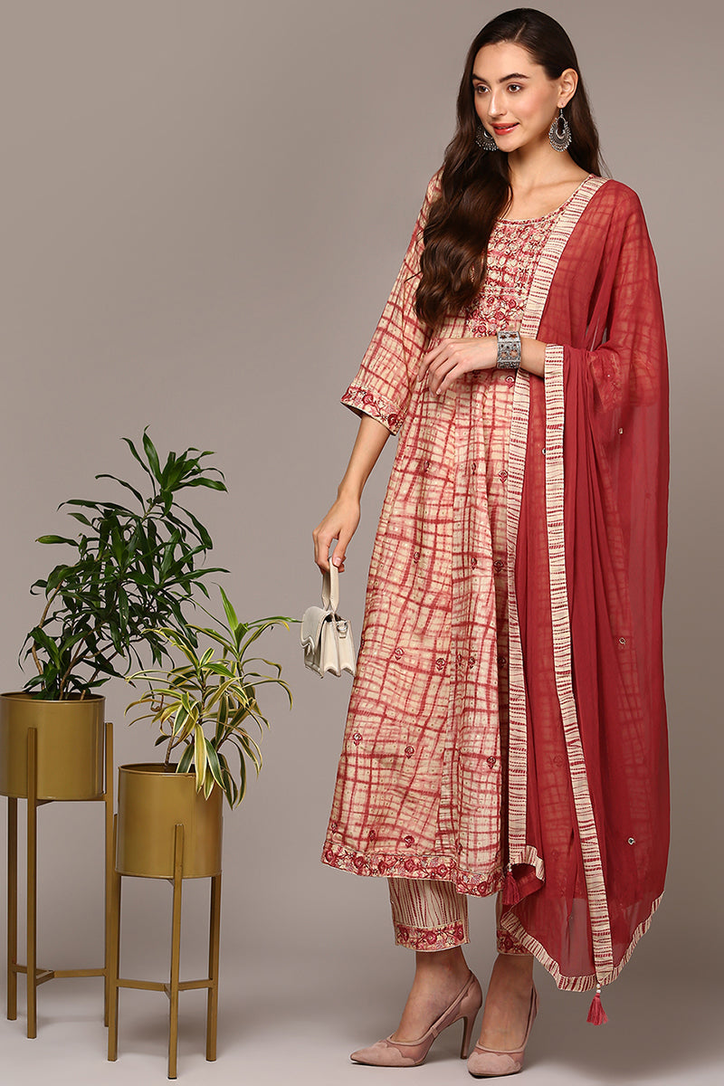 Red Silk Blend Abstract Printed Flared Suit Set | shobitam