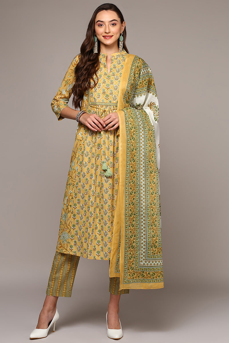 Yellow Pure Cotton Printed Flared Suit Set | SHOBITAM