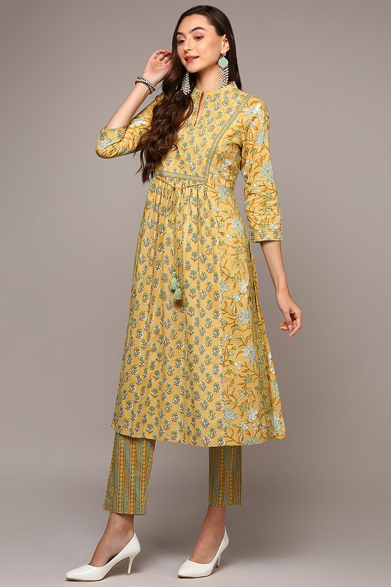 Yellow Pure Cotton Printed Flared Suit Set | SHOBITAM